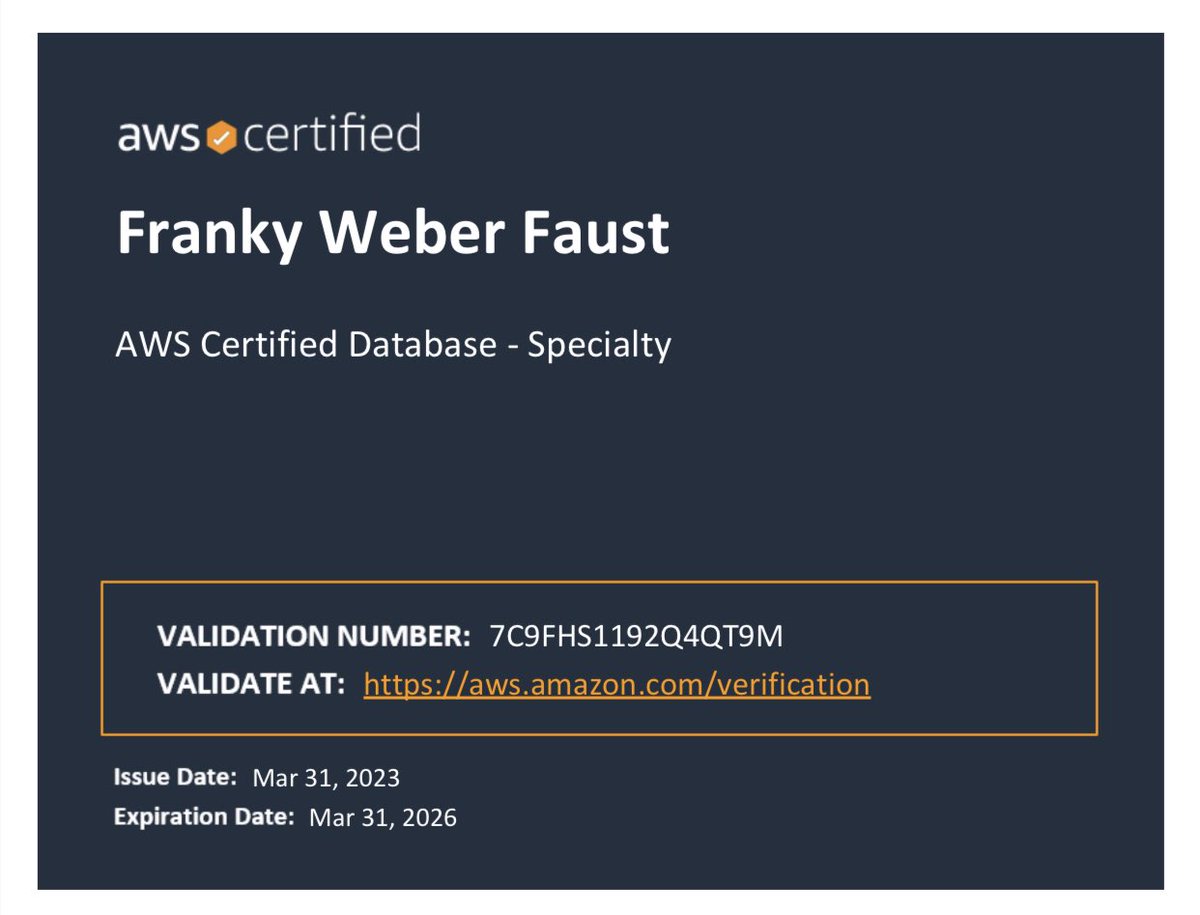 This was just to prove my appreciation for databases in general. I just passed the “AWS Certified Database - Specialty” certification. #aws #database #cloud @Pythian #loveyourdata #pythianlifestyle