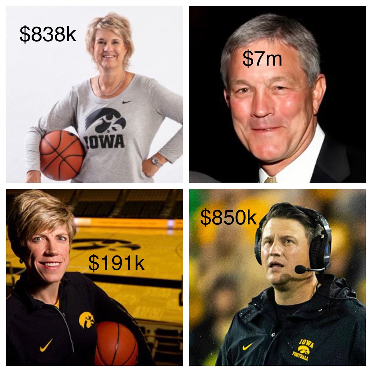 adamingersoll's tweet image. Take a minute with this. Left: no scandals, ever. Jan Jensen @goiowa  could be a star head coach anywhere (incl a men’s program). @CoachBFerentz only has a job because of daddy and his base salary is higher than @LisaBluder’s. Go explain this to your daughter (or son). I’ll wait.