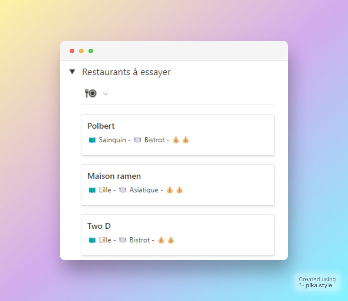 Nouvelle astuce <a href="/NotionHQ/">Notion</a> ! Vous pouvez faire une formule pour combiner plusieurs infos sur une carte, par exemple :   "🗺️ " + prop("Location") + " - 🍽️ " + prop("Cuisine") + " - " + prop("Cost")

#NotionTips #notiontwt