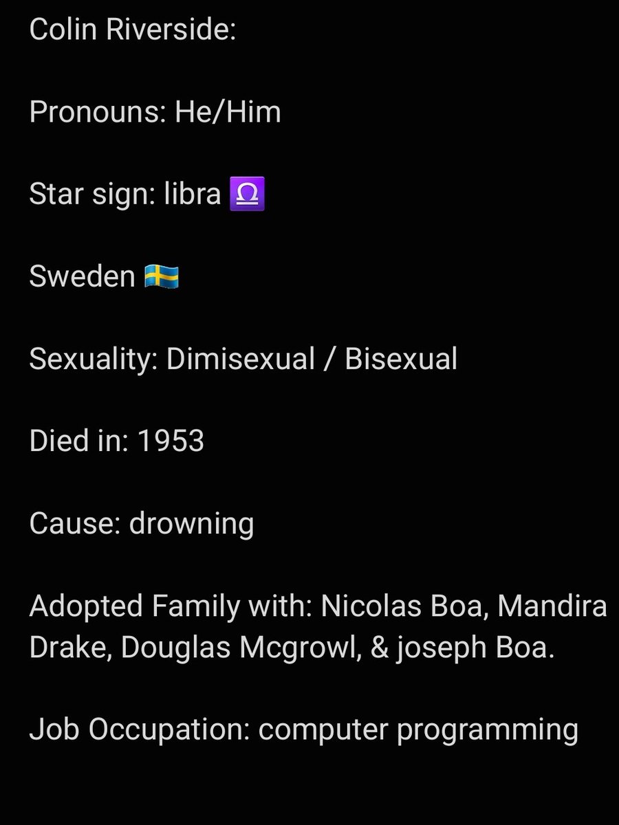 Kimberlyannasky's tweet photo. More aboveโฌ๏ธโฌ๏ธ
Information about Colin!^^
#HazbinHotel #HazbinHotelOC #ColinRiverside #IrishAngel #Velvet #NicolasBoa #MandiraDrake #JosephBoa #DouglasMcgrowl #CharacterFacts https://t.co/PoYtCyDw4S