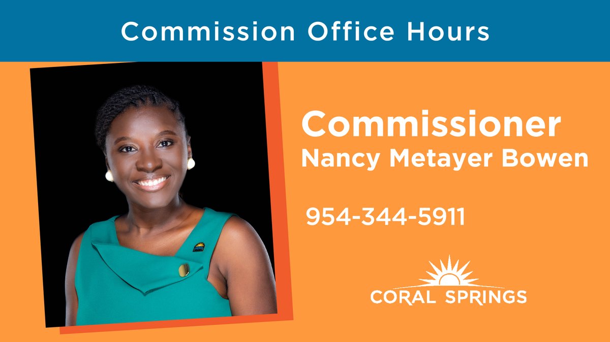 Residents can schedule an appointment with me to discuss any city-related issues during my office hours on Thursday, April 13 or Thursday, April 27 from 3:30 to 5:30 p.m. at City Hall (9500 W. Sample Rd.) by calling (954) 344-5911.
