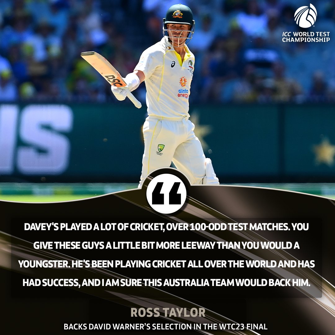 ICC's tweet photo. Ross Taylor believes David Warner should be a part of the Australia team for the #WTC23 Final 💬 

More 👉 https://t.co/iH5cVc7DI7 https://t.co/P5MkPSdDyR