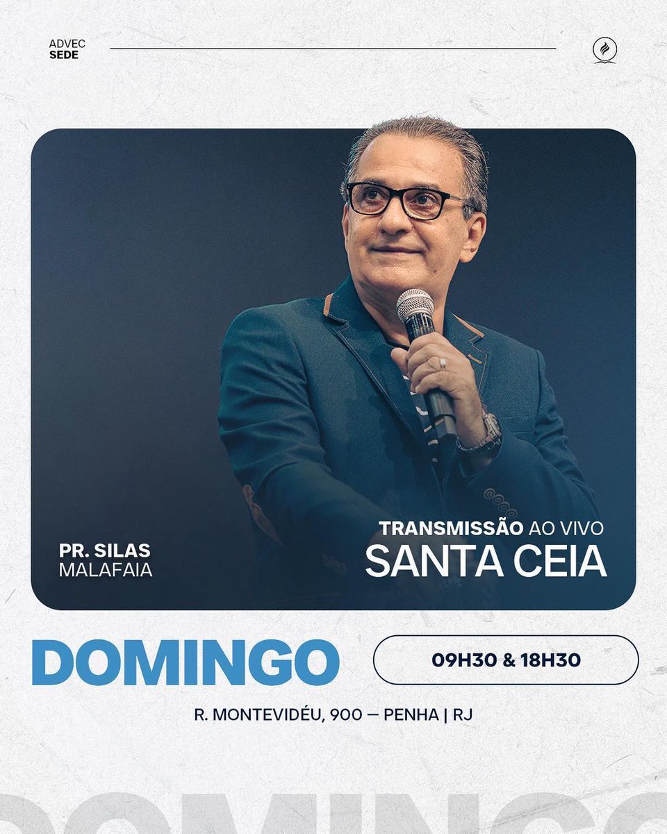 PastorMalafaia's tweet photo. Imperdível! Amanhã, dia 2, teremos a Santa Ceia na @advecoficial, igreja que sou pastor, às 9h30 e às 18h30. Convido você e sua família para celebrarmos a salvação que recebemos através de Cristo.
Rua Montevidéu, 900, Penha (RJ).
#santaceia #advec #silasmalafaia https://t.co/v1V1BfyLXX