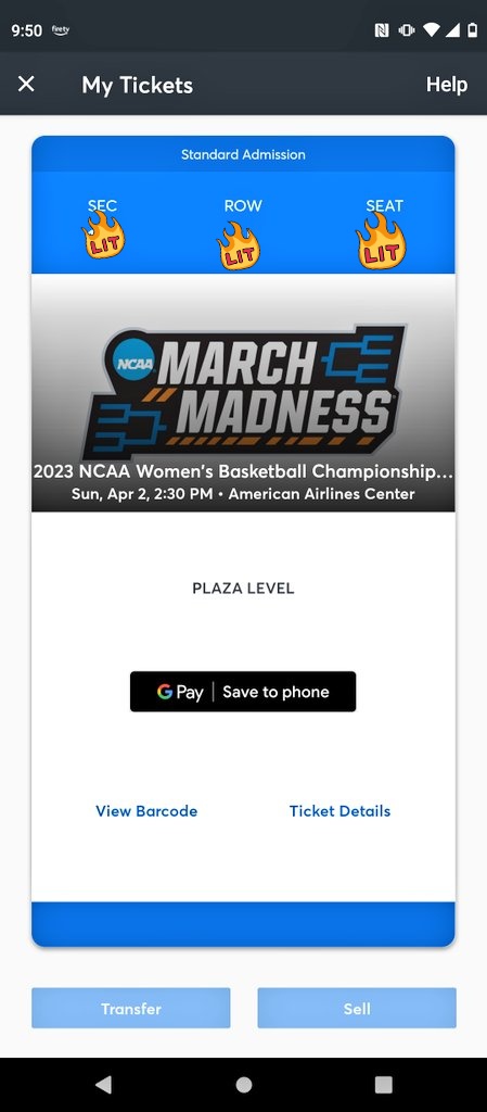 WhoIsRedJones's tweet photo. I bought this ticket before conference championships began! I was rooting all season for my BiGBiGDogs @USCWBB and my LilBiGDogs @LSUwbkb to make it an all SEC final. 1 out of 2 ain't bad. But congrats to @dawnstaley incredible team and season! I'd love to meet one day #BigFan https://t.co/PJwro9wuvj