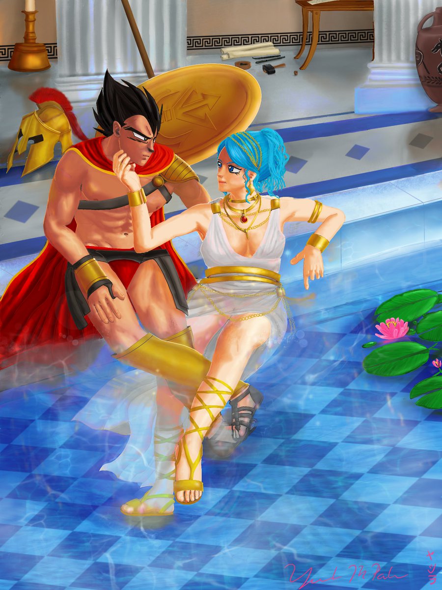 yashy20c's tweet photo. Realized I didn't post it here. 
My submission for the @vegebulocracy #VBTimeaftertime event. 
200 b.c.e Ancient Greece. Vegeta as a Spartan soldier &amp; Bulma as a Corinthian craftswoman. 
There is a story to the art, but I just didn't get to finish it for the event… https://t.co/XUloYI05Mc
