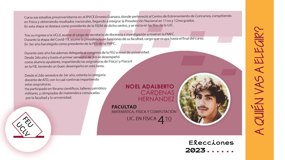 FEU_UCLV's tweet photo. Aquí te dejamos las autobiografías 📄 de los candidatos de las facultades de Matemática, Física y Computación; Educación Media; Química-Farmacia, y Educación Infantil. 

🗳 Desde este lunes, #EleccionesFEU en la #UCLVnuestra. ¡A votar desde temprano! 😉 https://t.co/m7Tznjf6VB