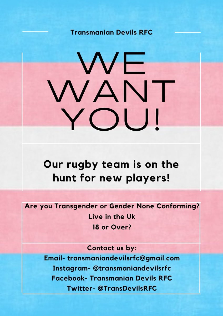 Are you Trans, Non-binary or Gender non-conforming? 18+ and want to play rugby?

Rugby union-Trans men and GNC players only

Touch rugby- mixed gendered

 #translivesmatter #transmaniandevils #transdevils #inclusiverugby #rugbyforall