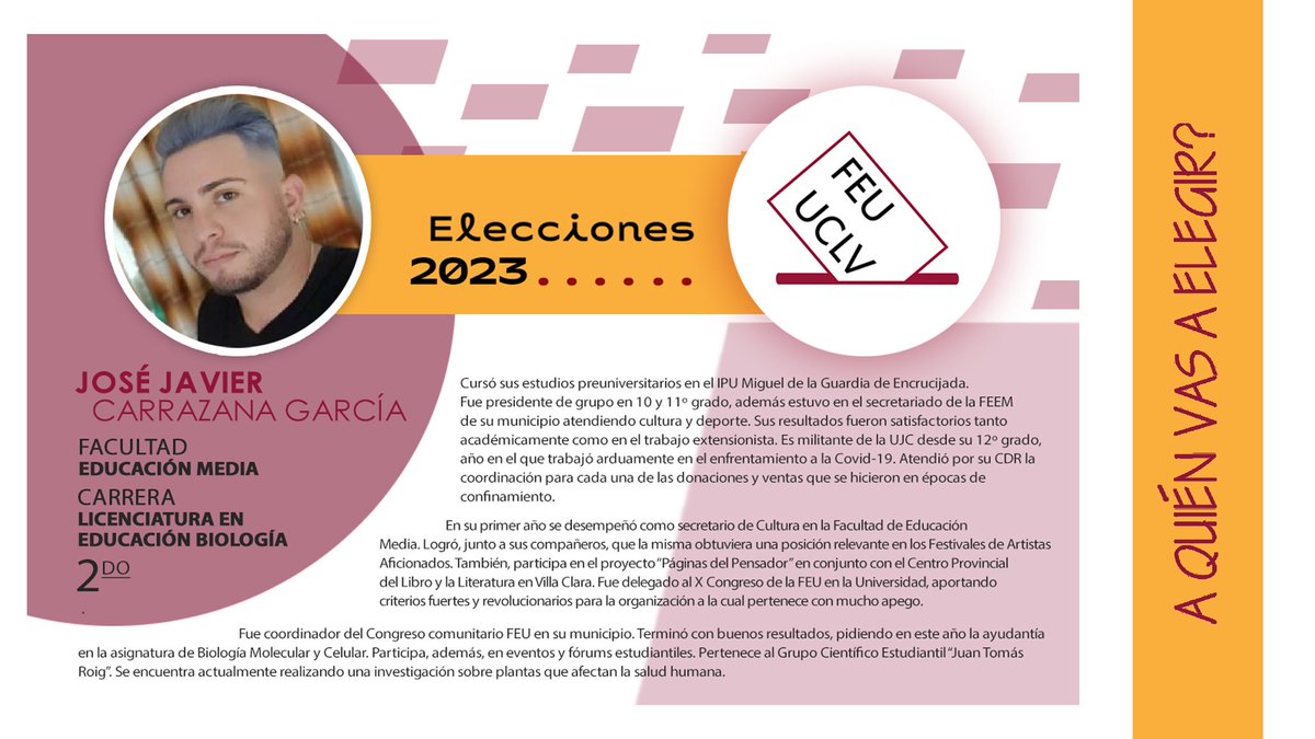 FEU_UCLV's tweet photo. Aquí te dejamos las autobiografías 📄 de los candidatos de las facultades de Matemática, Física y Computación; Educación Media; Química-Farmacia, y Educación Infantil. 

🗳 Desde este lunes, #EleccionesFEU en la #UCLVnuestra. ¡A votar desde temprano! 😉 https://t.co/m7Tznjf6VB