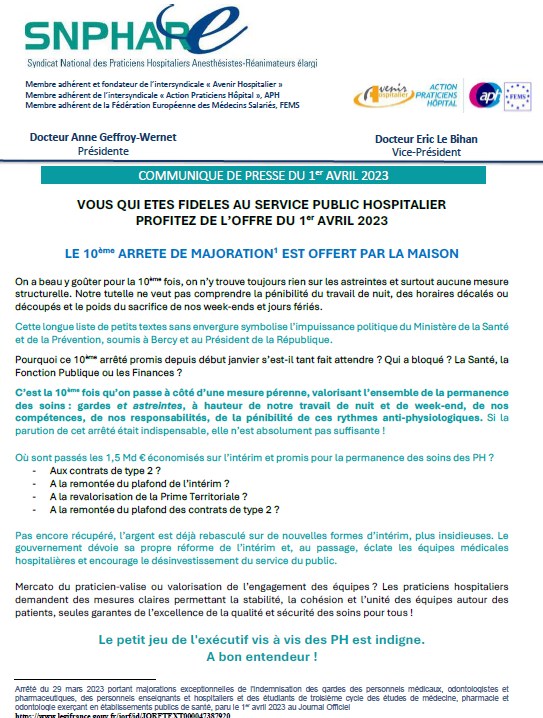 SNPHARE's tweet photo. 🐟🐟1er avril 2023 🐟🐟
L'arrêté de majoration des gardes vient de sortir au journal officiel...

https://t.co/WpioVGLXax

🐟🐟#permanencedessoins 🐟🐟

🐟🐟#praticienshospitaliers 🐟🐟 https://t.co/6KFPOJt98h