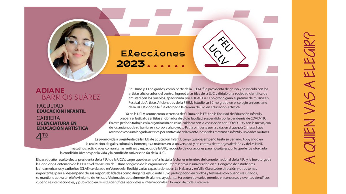 FEU_UCLV's tweet photo. Aquí te dejamos las autobiografías 📄 de los candidatos de las facultades de Matemática, Física y Computación; Educación Media; Química-Farmacia, y Educación Infantil. 

🗳 Desde este lunes, #EleccionesFEU en la #UCLVnuestra. ¡A votar desde temprano! 😉 https://t.co/m7Tznjf6VB