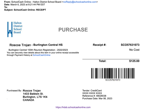 bchs100th's tweet photo. Are you worried about not being registered?

When you register for the reunion a receipt (like the one below) will be emailed. Check your junk/spam mail.  If you did not get a receipt then you are NOT registered! 

Any concerns, please email: bchs100@hdsb.ca https://t.co/6hOqDvSRPC