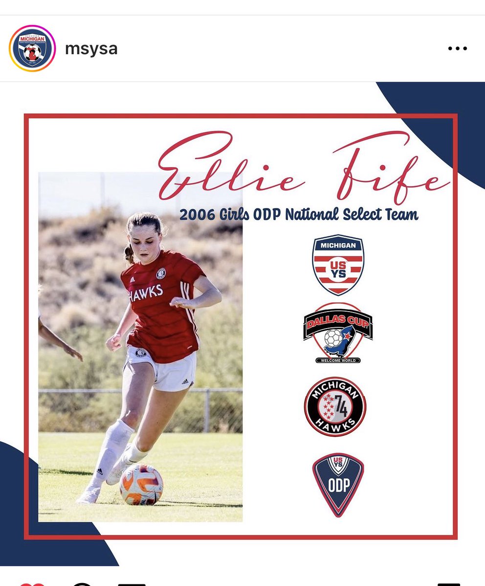 Congrats <a href="/2024_FifeEllie/">Ellie Fife</a>! Proud of you!
<a href="/Michigan_Hawks/">@Michigan_Hawks</a> <a href="/TopDrawerSoccer/">TopDrawerSoccer</a> <a href="/PrepSoccer/">Prep Soccer ⚽️</a> <a href="/NLTsoccer/">Next Level Training</a>