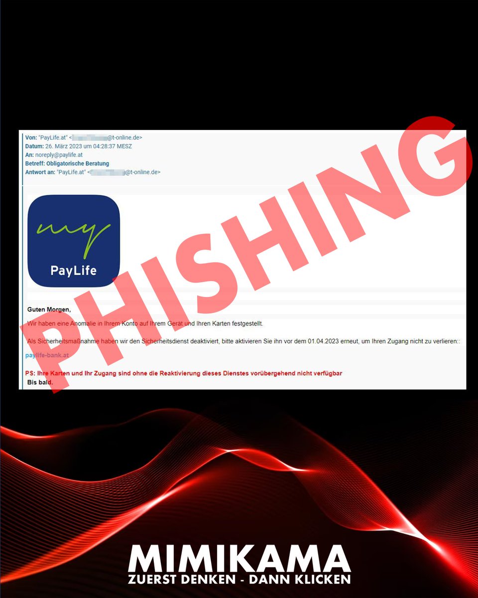 mimikama_org's tweet photo. Achtung vor Phishing-Mails, die angeblich von #PayLife stammen
Nein, PayLife Österreich (.at) versendet keine Mails von t-online (.de)-Adressen. Hierbei handelt es sich um eine Phishing-Falle!
Aktuelle Phishing-Warnungen findet ihr hier: https://t.co/vDKraJ2xvU https://t.co/ulp8DmHtjx