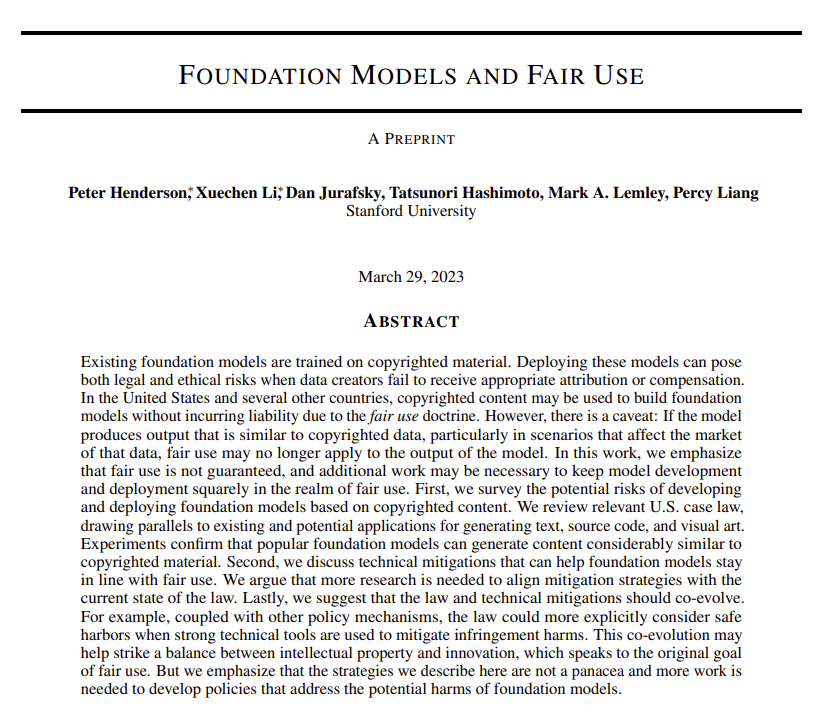 Timely new research on #FoundationModels & #FairUse explores the legal & ethical risks of using copyrighted material in model development by @tatsu_hashimoto @percyliang @PeterHndrsn et al Foundation Models and Fair Use arxiv.org/pdf/2303.15715… #AI #Copyright @StanfordAILab