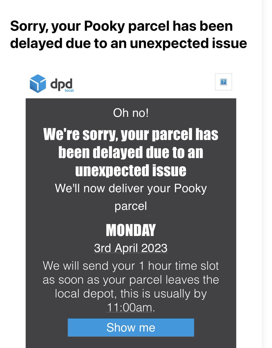 LambMandyco's tweet photo. @PookyLights This is the message I got from you this morning saying the parcels won’t be delivered until Monday https://t.co/lXqcDK4doi