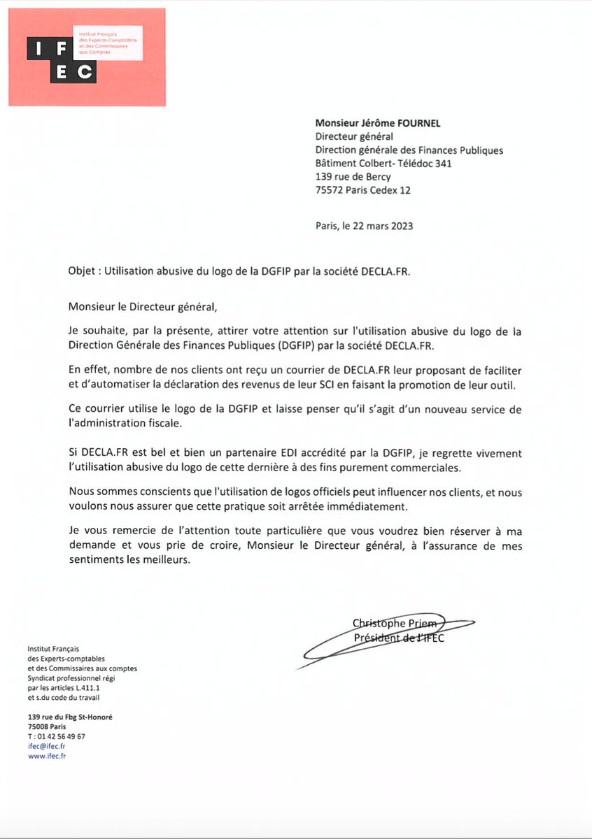 IFEC (@ifecsyndicat) on Twitter photo <a href="/RomainFROMENT3/">Romain FROMENT</a> Cher Romain, nous avons alerté le <a href="/CSOEC/">CNOEC 🚀</a> <a href="/BrunoLeMaire/">Bruno Le Maire</a> et <a href="/dgfip_officiel/">Direction générale des Finances publiques</a> par courrier le 22/03. Cette utilisation abusive du logo ne peut durer. <a href="/RomainFROMENT3/">Romain FROMENT</a> Cher Romain, nous avons alerté le <a href="/CSOEC/">CNOEC 🚀</a> <a href="/BrunoLeMaire/">Bruno Le Maire</a> et <a href="/dgfip_officiel/">Direction générale des Finances publiques</a> par courrier le 22/03. Cette utilisation abusive du logo ne peut durer.