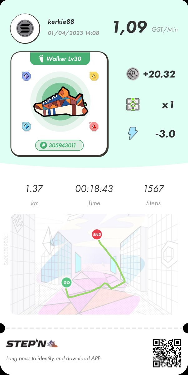 My first level 3 mistery box with a level 30 uncommen sneaker. Playing for 2 weeks now Everyday. I got also my first minting scroll on a level 2 mistery box.  #stepn