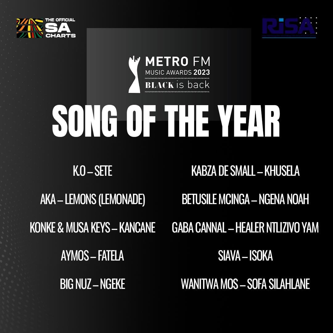 OfficialSAChart's tweet photo. Who are you going with?
#Sete
#khusela
#fatela
#isoka
#sofasilahlane
#lemonds #lemonade
#ngeke
#metrofmawards https://t.co/QDViGIxOta