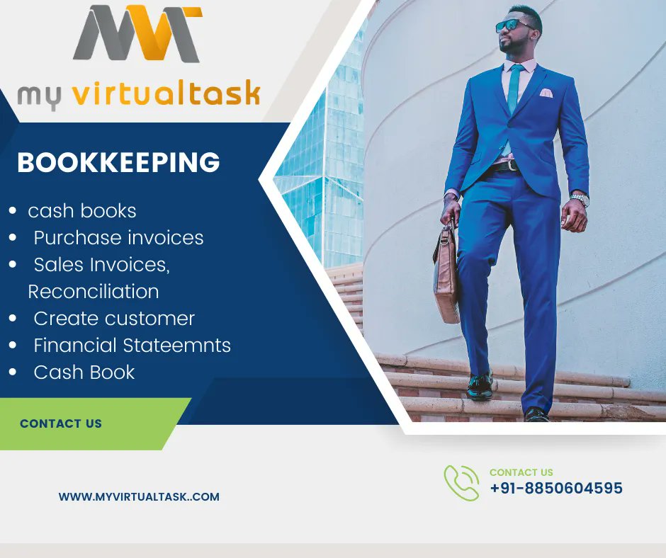 Bookkeeping 

cash books, Purchase invoices, Sales Invoices, Reconcillation. Create customer, Financial Stateemnts, Cash Book 
myvirtualtask.com
#Bookkeepingservices #Onlinebookkeeping #Smallbusinessbookkeeping #Outsourcedbookkeeping #Bookkeepingsoftware
