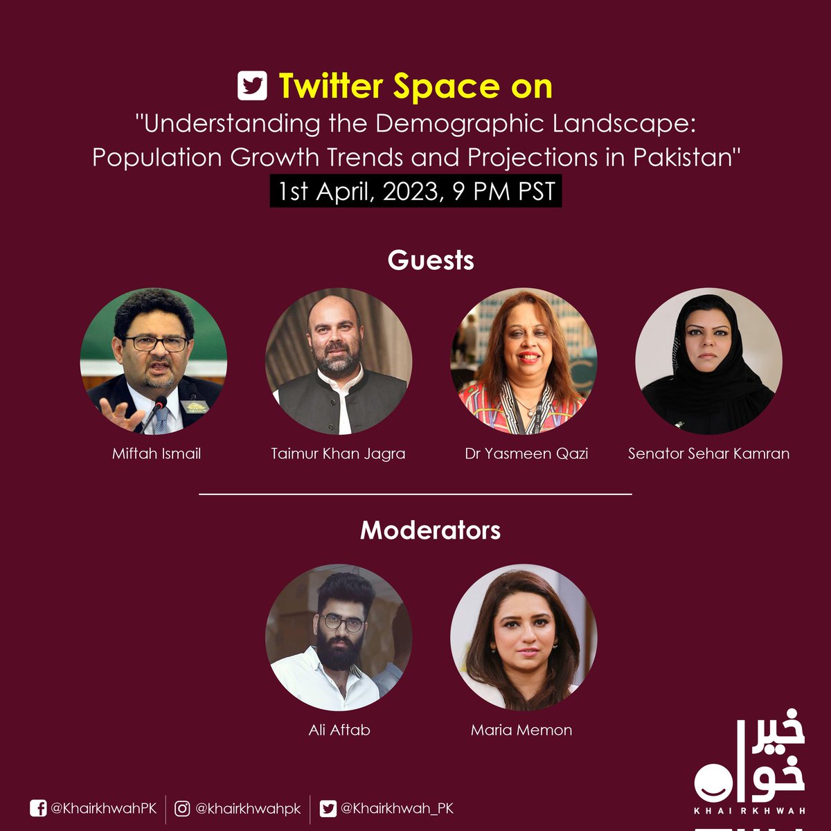 GMJ_EDITZ_1's tweet photo. Join @Khairkhwah_PK for an enlightening Twitter Space on Population Dynamics in Pakistan🇵🇰 featuring key experts⬇️

Panelists: @MiftahIsmail, @Jhagra, @SeharKamran, @QaziYqazi 

Moderators: @Maria_Memon &amp; @aliaftabsaeed 

🗓️1st April I 09 PM 

#KhairKhwah #InvestinFamilyPlanning https://t.co/emK0Th2w0w