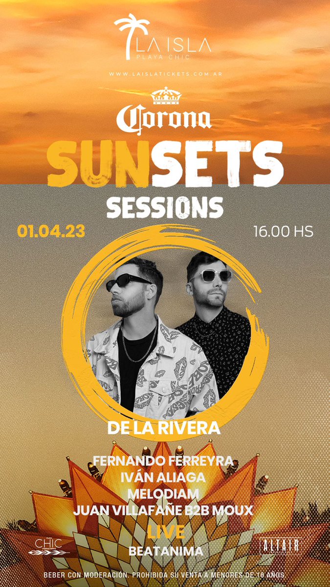 Lindo sábado para ir al sunset de <a href="/corona/">Corona</a> en Almafuerte, al lado del lago, en La Isla y ver el show de <a href="/suenadelarivera/">De la Rivera</a> formato duoset 💣🌅🙌🏼