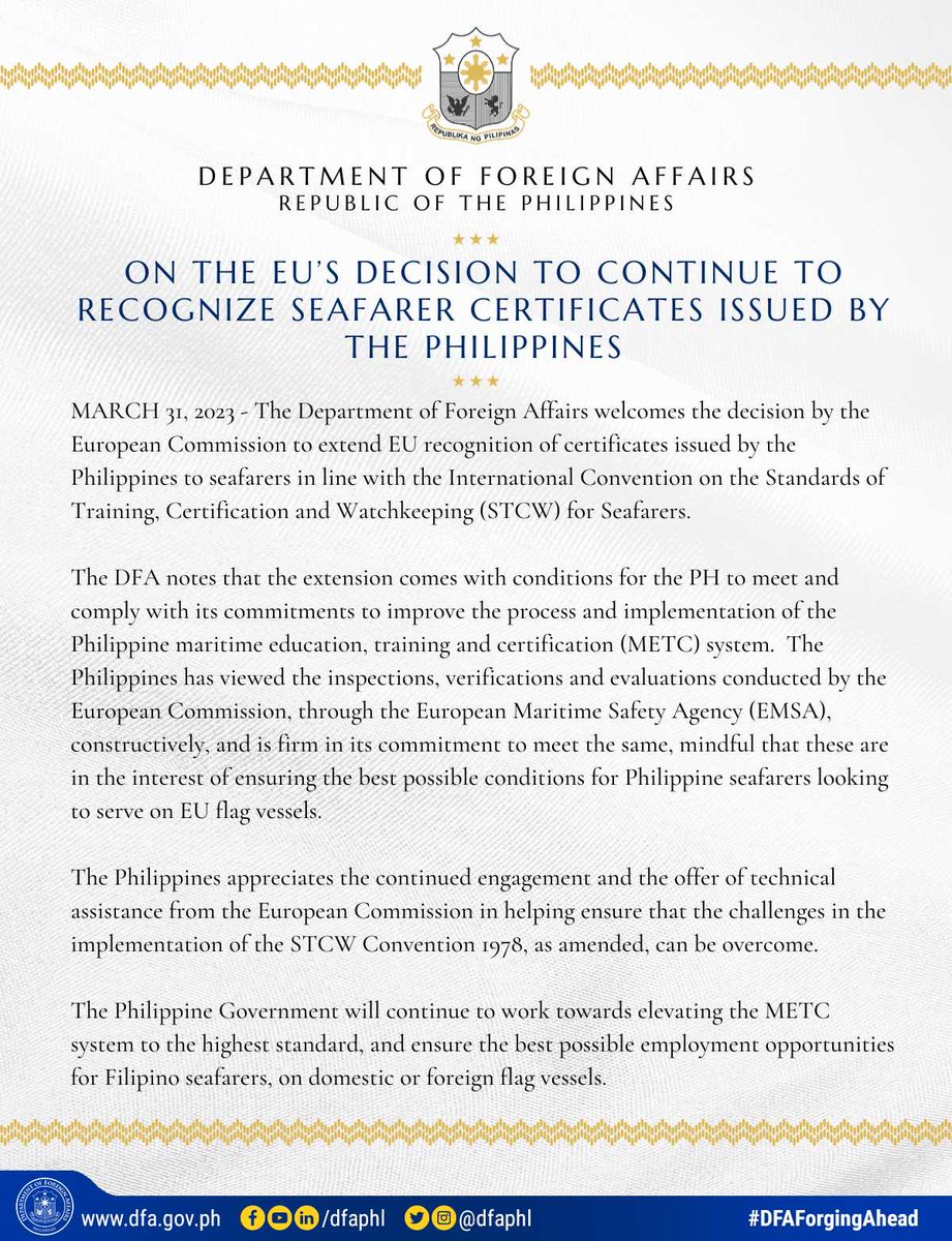 DFAPHL's tweet photo. ‼️READ‼️ #DFAStatement: on the EU's Decision to Continue Recognize Seafarer Certificates Issued by the Philippines

Also found in this link 👉🏻https://t.co/0fYr3XSKqb
#DFAForgingAhead https://t.co/O0LVJpvXoX
