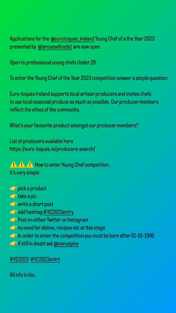 SpinelliManuela's tweet photo. RT
ENTER the @EurotoquesIrl Young Chef of the Year Competition presented by @Laroussefoods
Very easy 👇👇👇
To enter post a pic with your fav producer amongst our members by 9 April 2023. #YC2023entry
All info online https://t.co/NTRMWTpNvO or DM me. https://t.co/CRNaqvaO6e