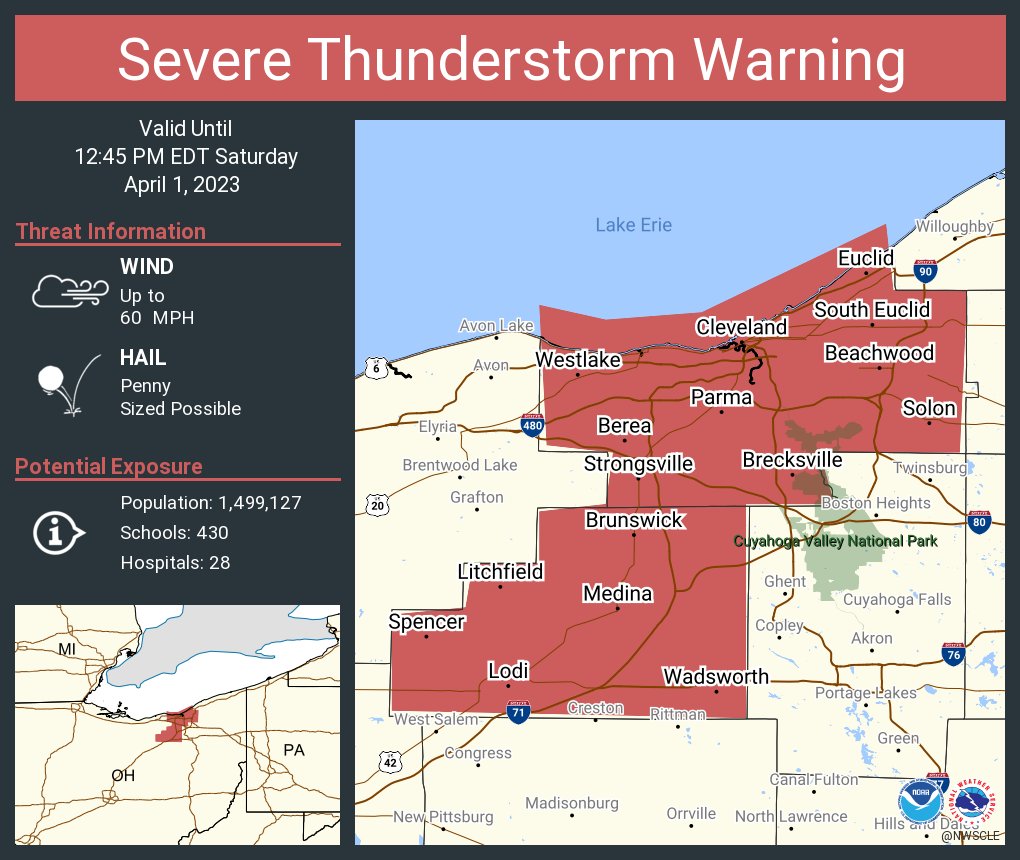 NWSCLE's tweet photo. Severe Thunderstorm Warning including Cleveland OH, Parma OH and  Lakewood OH until 12:45 PM EDT https://t.co/mQiniusOg5