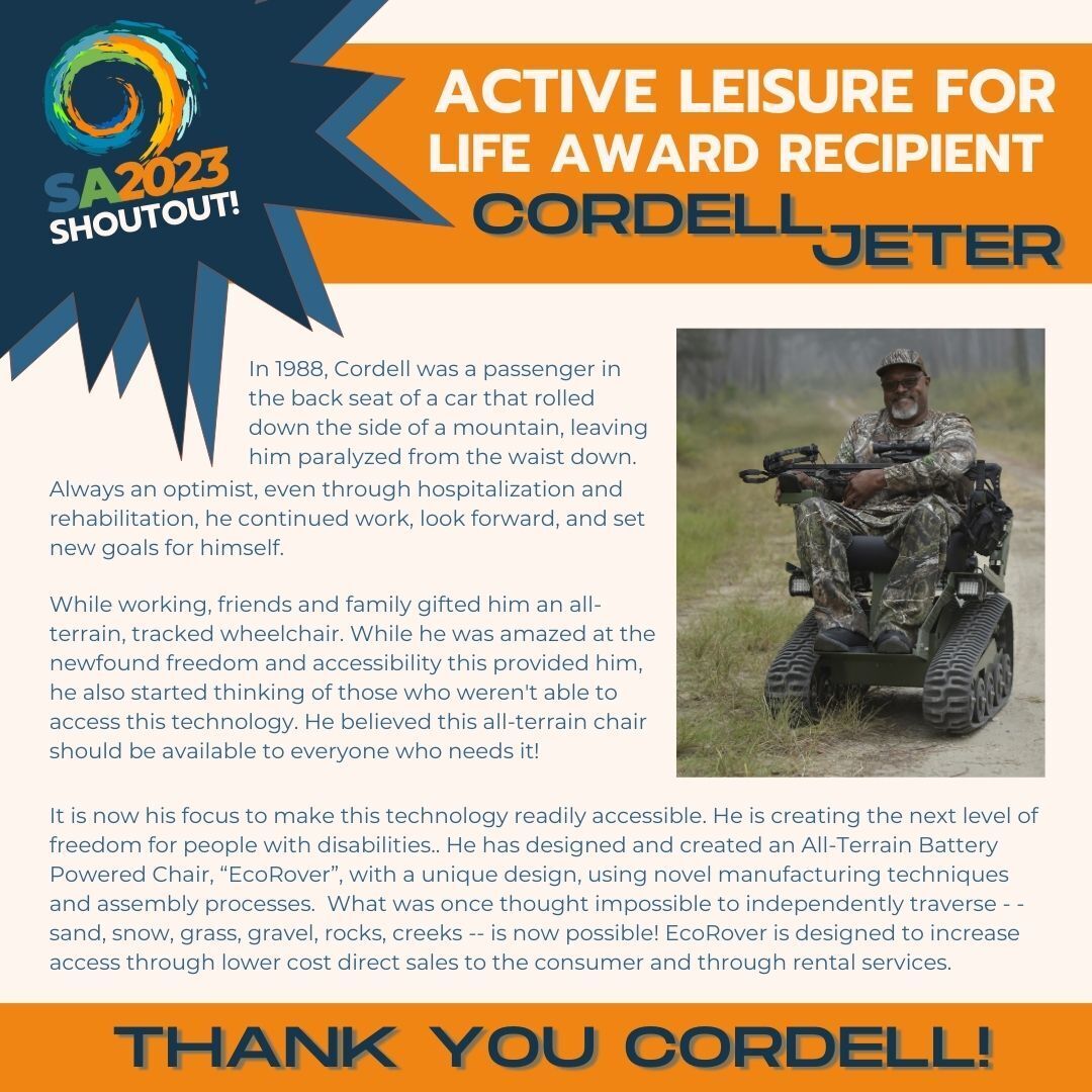 🗣️ 𝗘𝗫𝗣𝗢 𝗦𝗛𝗢𝗨𝗧𝗢𝗨𝗧! Today, we recognize and thank Cordell Jeter, the recipient of the SportsAbility Active Leisure for Life Award! Cordell, who is best known for his big smile and optimistic outlook on life, is also the creator of the EcoRover. Thank you Cordell!!