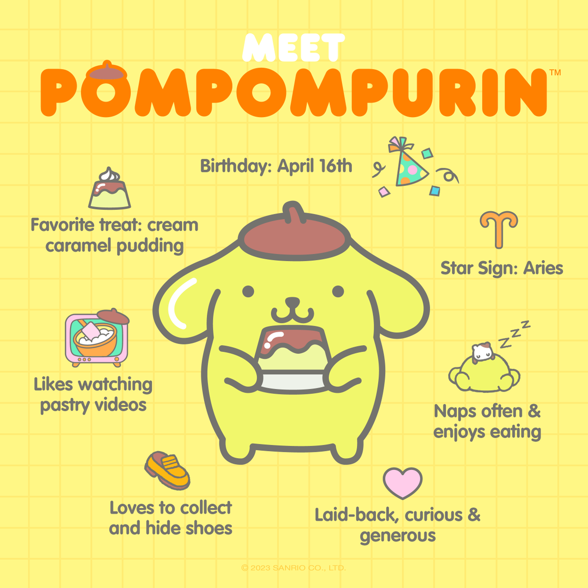 Pompompurin is our Friend of the Month for April 💛✨ Here are some fun facts about our laid-back and curious pup! #SanrioFOTM
