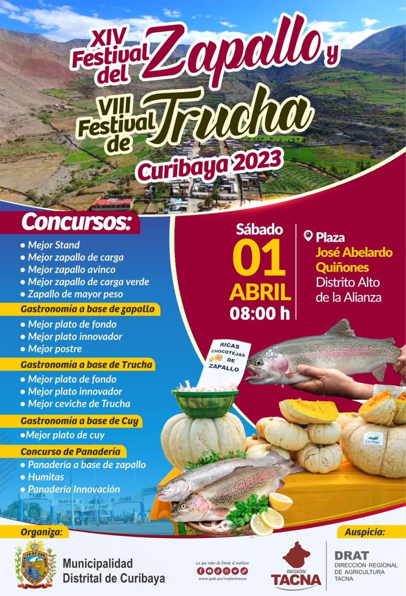 radiouno_pe's tweet photo. 😋 #AComer zapallo y trucha de Curibaya. #Festival se realiza este sábado 1 en la plaza José Abelardo Quiñones, en el distrito Alto de la Alianza. Actividad incluye diversidad de concursos.
#Tacna #ComeRico https://t.co/Fr04Yvh4ey