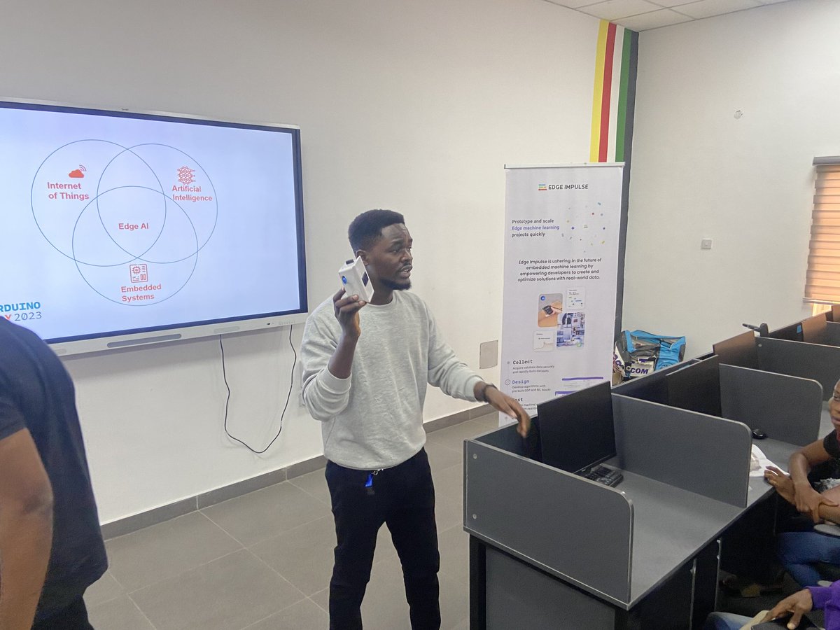 VictorObaro6's tweet image. At the @nodexihub community meetup and @arduino Day celebration.
I spoke about exploring Embedded Artificial intelligence (AI), using the @EdgeImpulse platform to prototype and scale Embedded AI projects quickly.
#Arduinoday2023 #ArtificialIntelligence 
#Embeddedsystems