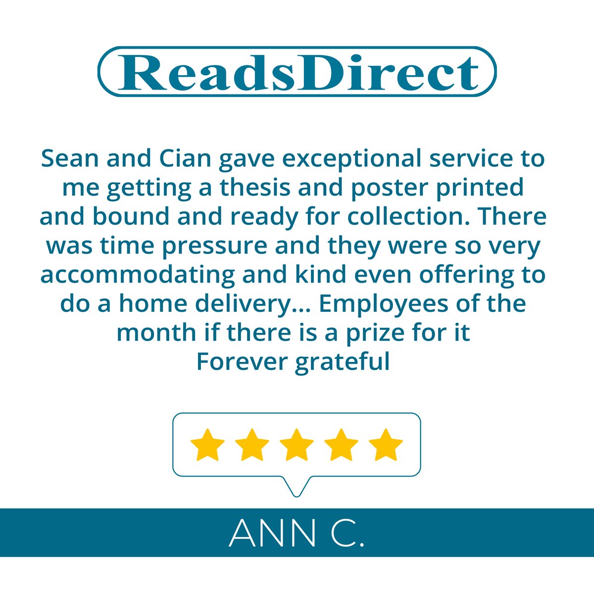 ReadsDirect's tweet photo. We love reading reviews like this! π Thank you Ann for taking the time to share your positive experience with us. βοΈβοΈβοΈβοΈβοΈ
#review #customerreview #happycustomer #fivestar #customersatisfaction #printingcompany #printingindustry #leadingprinter #ireland #readsdirect https://t.co/rm0IVMNqjn