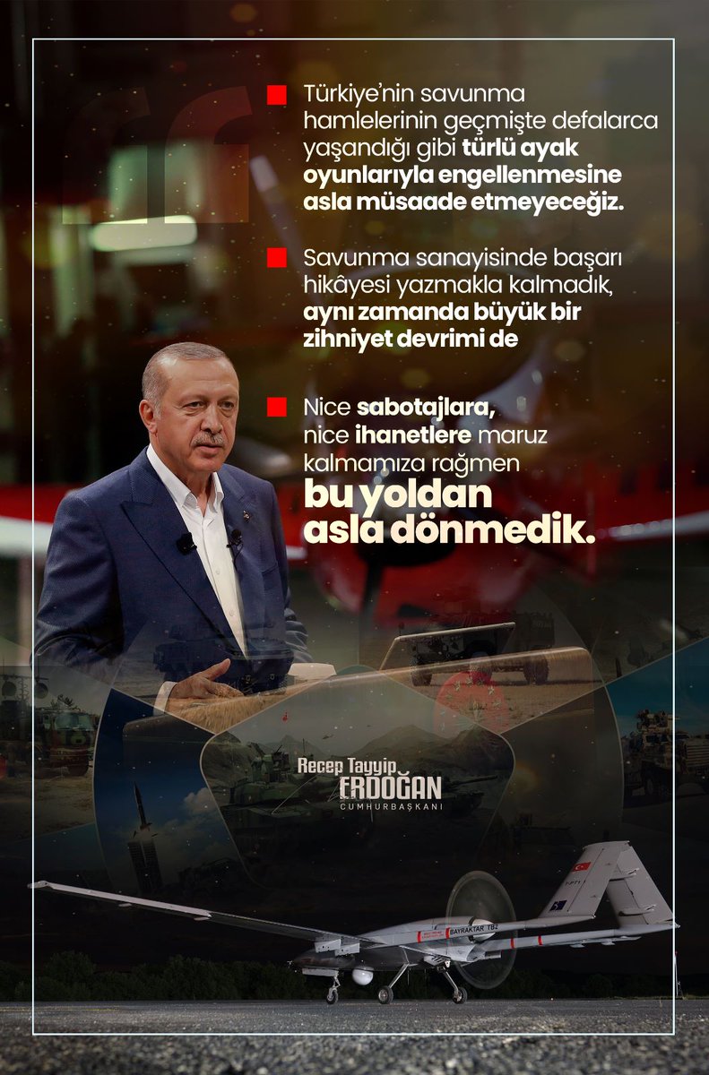 <a href="/SemaAlfat/">Sema Alfat Özer سماء</a> <a href="/RTErdogan/">Recep Tayyip Erdoğan</a> #CumhurbaşkanıErdoğan:

"Türkiye’nin savunma hamlelerinin geçmişte defalarca yaşandığı gibi türlü ayak oyunlarıyla engellenmesine asla müsaade etmeyeceğiz."