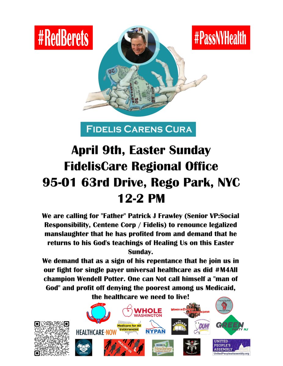 New Yorkers, Please show up for a good cause. NY Berets is having a day of action on 4/9, next Easter Sunday, holding #FidelisCarens accountable for their corporate greed & fighting to #PassNYHealth Spread the word, too.