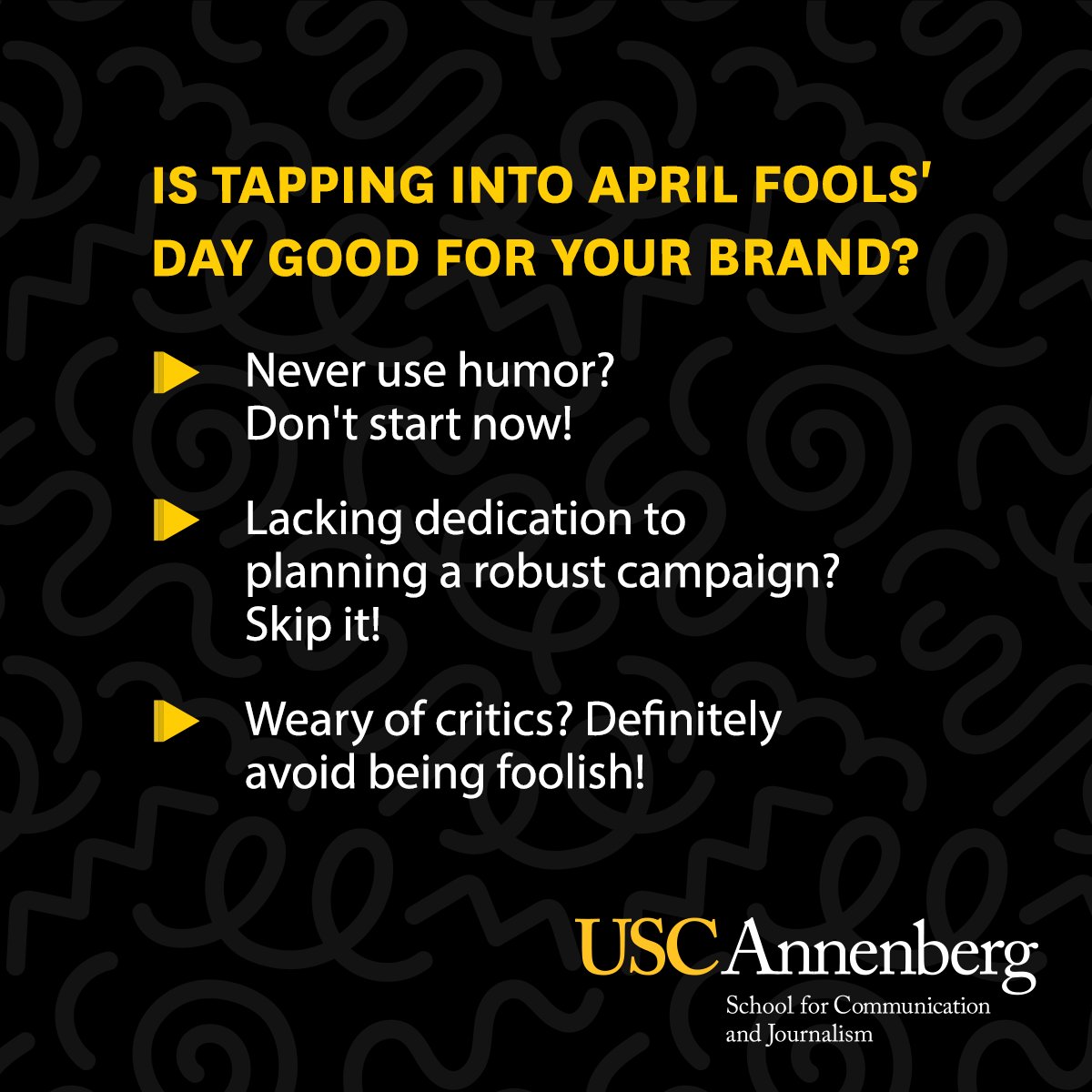 uscmcmonline's tweet photo. Where do you stand on leveraging humor in your communications on #AprilFoolsDay? Consider this advice before opting to trick your consumers. https://t.co/AlgDVnf20C @USCOnline https://t.co/Q3Ygtin3Bl