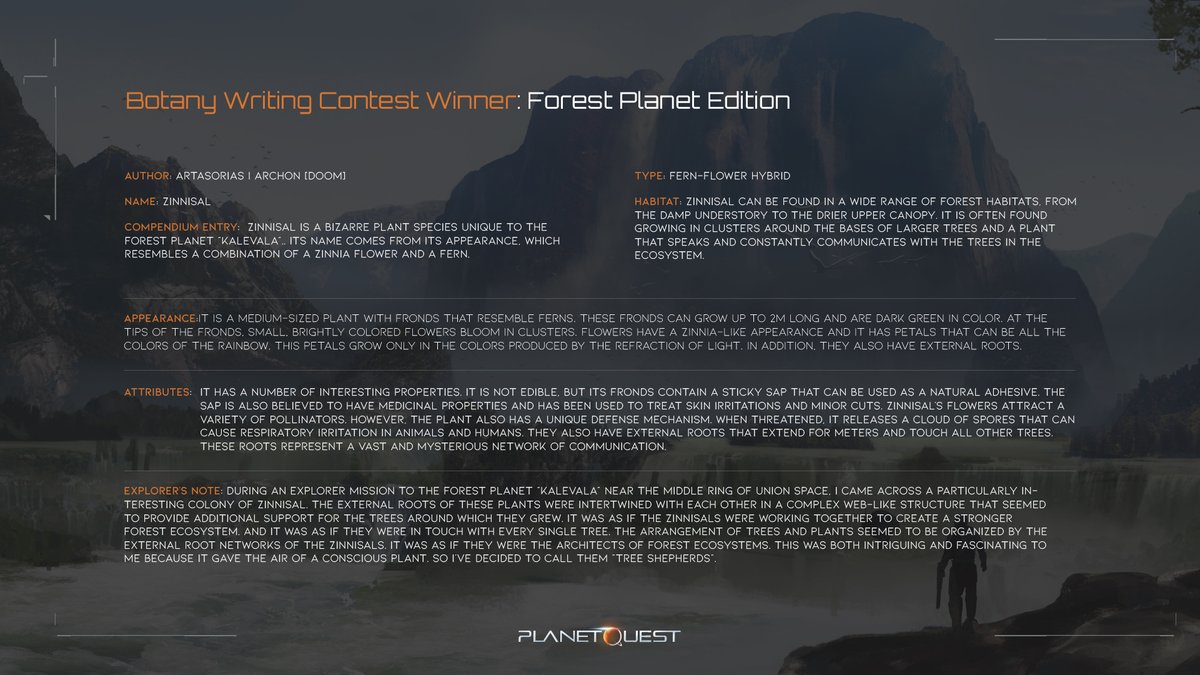 JoinPlanetQuest's tweet photo. #PQFanContent Spotlight! 🚀
Congratulations Artasorias for winning both the Botany and Bestiary writing contests 🔥
Do let us know, Explorers, what are your favorite aspects of the Xarachow and Zinnisal? Ours is definitely the scales and horns of the Xarachow 🐊🦬 https://t.co/ev0vhLiwsW