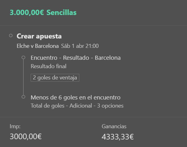 AnonymousBets_'s tweet photo. Pronostico 1/04/2023📅
🏟 Laliga - Elche vs Barcelona
⏱21:00 CET
📌 Mini combinada
🚀STAKE 2,5
🌐BET365

En TELEGRAM el pronostico entero 👉 https://t.co/7mPHdne7WT

#apuestasdeportivas #abets #LaLigaSantander  #Bundesliga  #BAYERNMUENCHEN  #ManCity #cityliv https://t.co/u1wy0iUImu