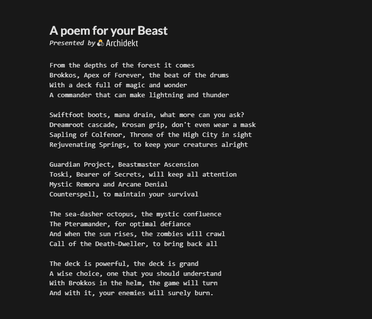 A button appears, but what does it do?
Magic deck poetry, made specially for you!

We hope that you'll try it, it's silly good fun,
And share our bot's verses before it's done.