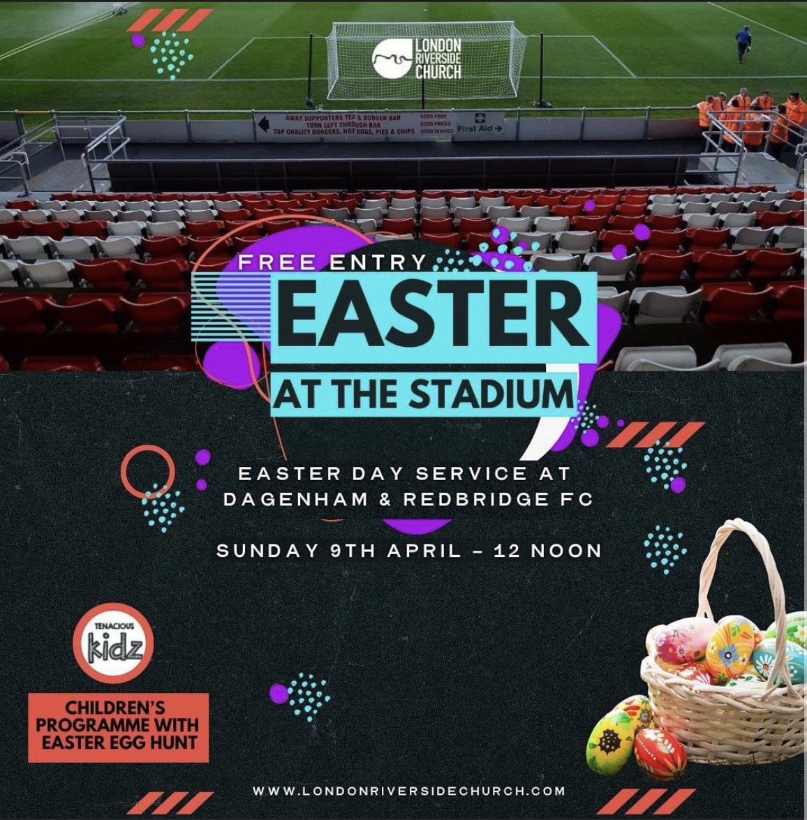 You are invited to come and join us for Easter Sunday at Dagenham &amp; Redbridge Football Club with inspirational guest speaker <a href="/Canonjjohn/">J.John</a> ! Free Easter egg hunt for children age 1-11. Tag someone below who you think should join us! 🐣❤️ #easteratthestadium #eastersunday #egghunt