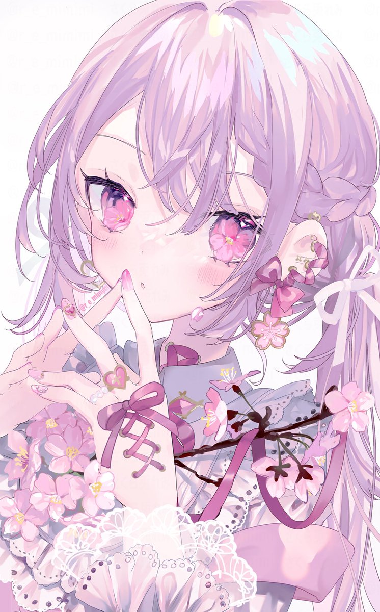 1girl solo pink eyes flower jewelry ribbon braid  illustration images