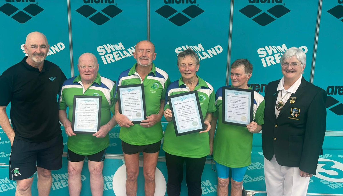 swimireland's tweet photo. ‼️ HISTORY MAKERS ‼️

Massive congratulations to Aer Lingus Masters team of Claire O'Dwyer (82), Jim Connolly (80), Deirdre Moore (78) and Tom Quinn (82) who were today the first ever Irish Masters Relay to compete with a combined age of 320+. https://t.co/IOaqBqQ903