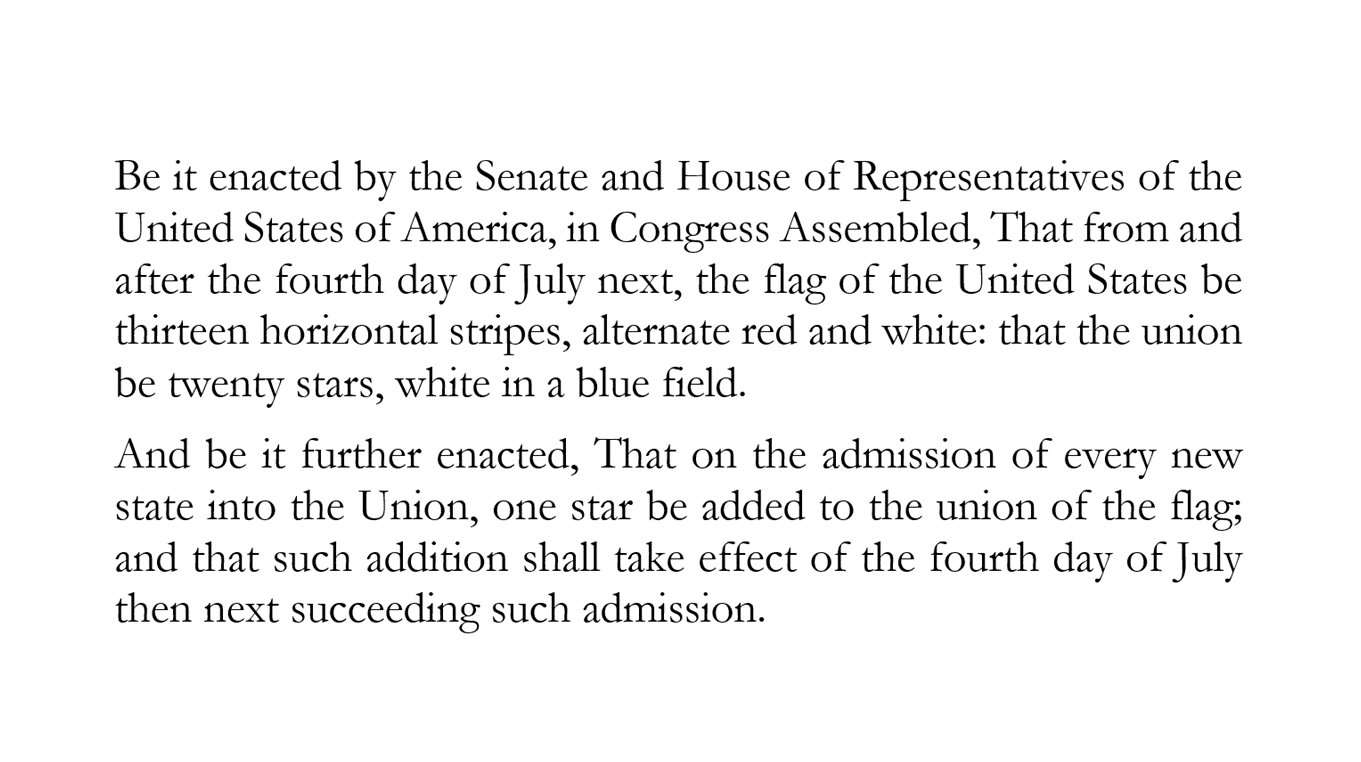 No new Flag Act was passed for twenty years, and so the fifteen star, fifteen stripe flag remained t