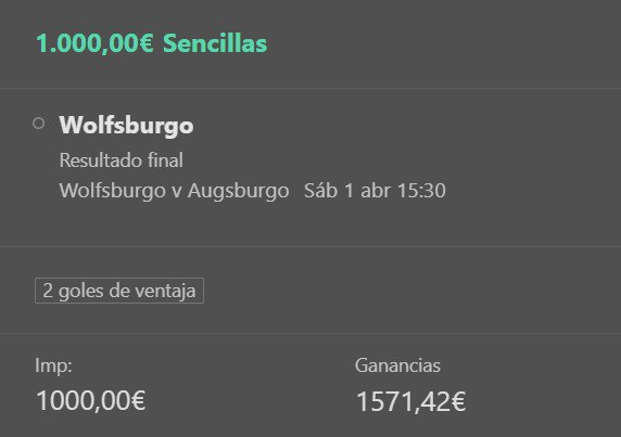 AnonymousBets_'s tweet photo. Pronostico 1/04/2023📅
🏟 Bundesliga - Wolfsburgo vs Augsburgo
⏱15:30 CET
📌 Wolfsburgo ganador
🚀STAKE 1
🌐BET365

En TELEGRAM el pronostico entero 👉 https://t.co/7mPHdne7WT

#apuestasdeportivas #abets #LaLigaSantander  #Bundesliga  #BAYERNMUENCHEN  #ManCity #cityliv https://t.co/Hr9myMm83Y