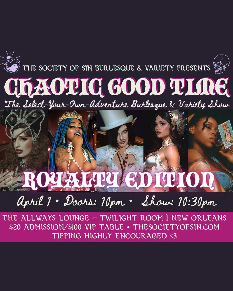 Tonight's the night! 👑 ✨ Rule over our kingdom &amp; make whatever choices you see fit as <a href="/xenazeitgeist/">hot Lon Chaney</a> plays your Royal Advisor for the Royalty Edition of Chaotic Good Time: The Select-Your-Own-Adventure Burlesque Show! 
🎟️  have been going fast! Get 'em: buff.ly/2WdfXpx