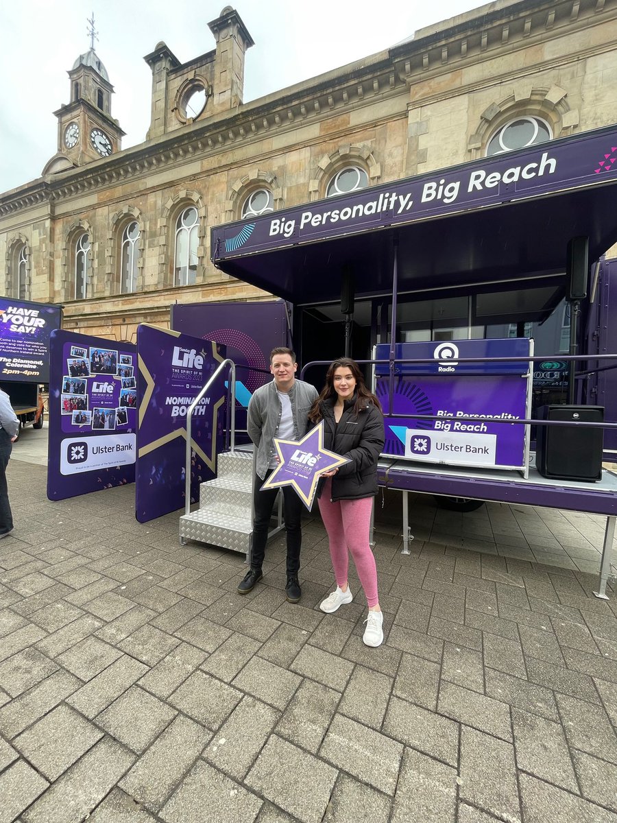 CaraHunterMLA's tweet photo. Great to be in #Coleraine Town Centre today with @QRadioOfficial talking about the #SpiritofNIAwards! 

Today, I’ve nominated local hero Willie Gregg for his years of fundraising and helping the local North Coast community. https://t.co/QOa31NudY1