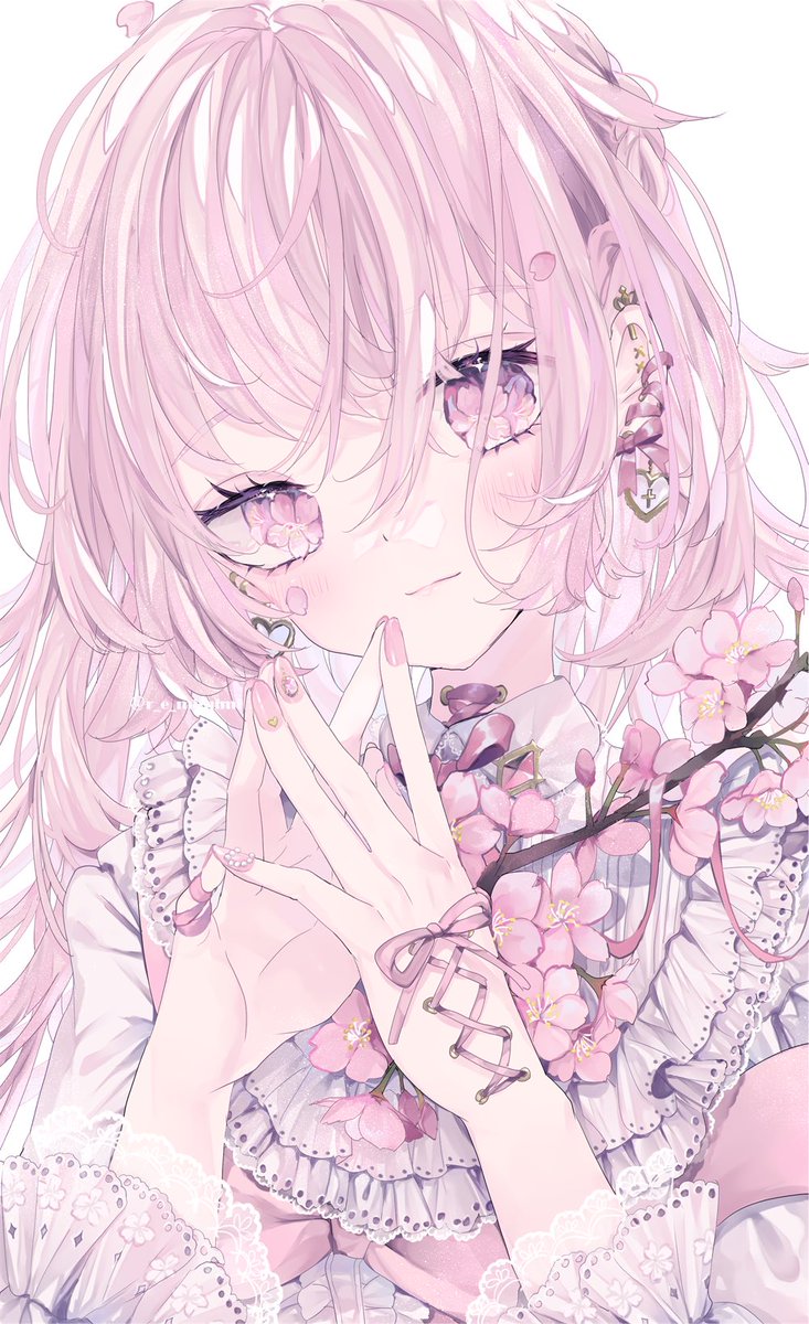 1girl solo pink hair pink eyes pink theme frills jewelry  illustration images