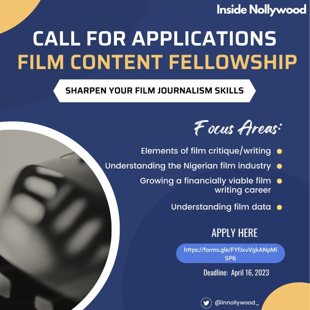 D/L Sun 16 Apr 2023

@innollywood_ Film Content Creation Fellowship 2023

#Nollywood #MediaOpportunities #journalismfellowship

x.com/sallyhayd/stat…