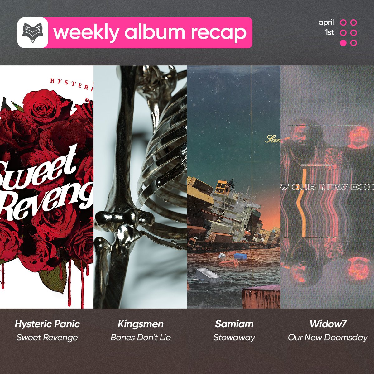 <a href="/nothingnowhere/">nothing,nowhere.</a> <a href="/ongoingconcept/">The Ongoing Concept</a> <a href="/void_chapter/">Void Chapter</a> <a href="/AttackAttackUS/">Attack Attack!</a> <a href="/DEADLAKESBOIZ/">Dead Lakes (NEW ALBUM OUT NOW!)</a> <a href="/DOWNED_HC/">DOWNED</a> <a href="/ResiliaBand/">Resilia</a> <a href="/acor_official/">a crowd of rebellion</a> @GELhc <a href="/loatheasone/">Loathe</a> <a href="/audiotreemusic/">Audiotree</a> <a href="/AtypesCollide/">Archetypes Collide</a> <a href="/burytomorrow/">BURY TOMORROW</a> <a href="/wearedefamed/">Defamed</a> // What albums came out this week, Pt. V: April 1st

<a href="/hysteric_panic/">ヒステリックパニック</a> — Sweet Revenge - EP
<a href="/KingsMenRI/">KINGSMEN</a> — Bones Don't Lie
<a href="/samiamband/">Samiam</a> — Stowaway
<a href="/widow7official/">widow7</a> — Our New Doomsday - EP