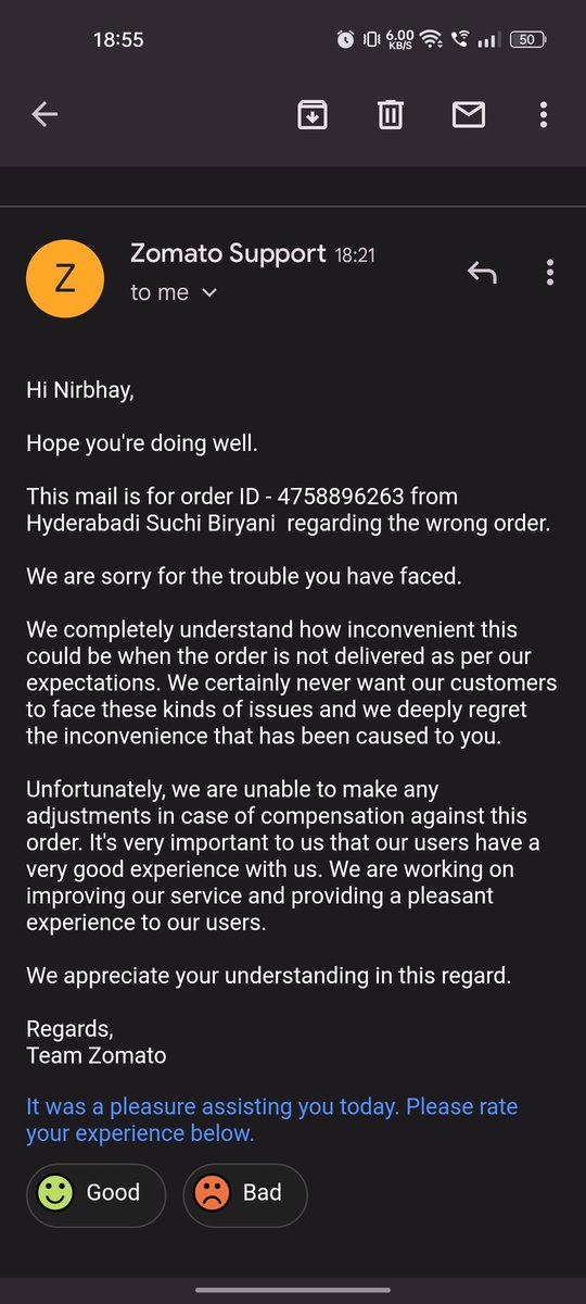 nirbhaysimgh's tweet photo. @zomato @deepigoyal you guys are really shameless. This is what I got reply .You don't have any care about someone's sentiments instead in the apology you guys are talking about refund did I ask for it? @aajtak @BJP4India @jagograhakjago @BandBajaateRaho @Republic_Bharat @RSSorg https://t.co/0Hbe4MERj6